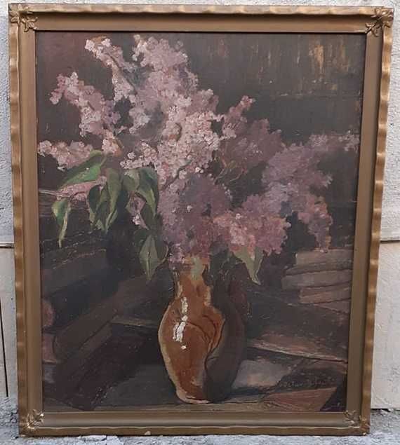 Tablou vechi - carti si liliac - semnat Octav Bancila