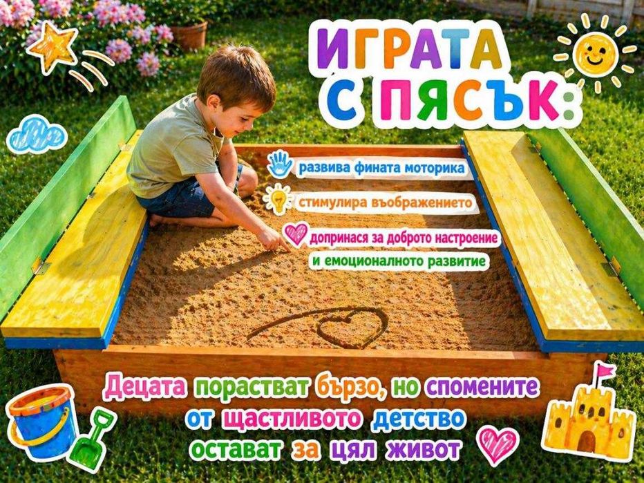 Детски пясъчник с пейки и капак; Дървен пясъчник; Цветни пясъчници