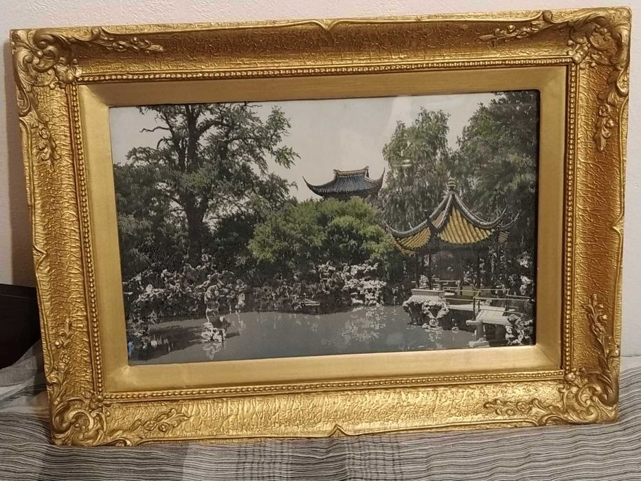 Винтидж машинен гоблен Хангжу, картина пейзаж, тъкана върху коприна