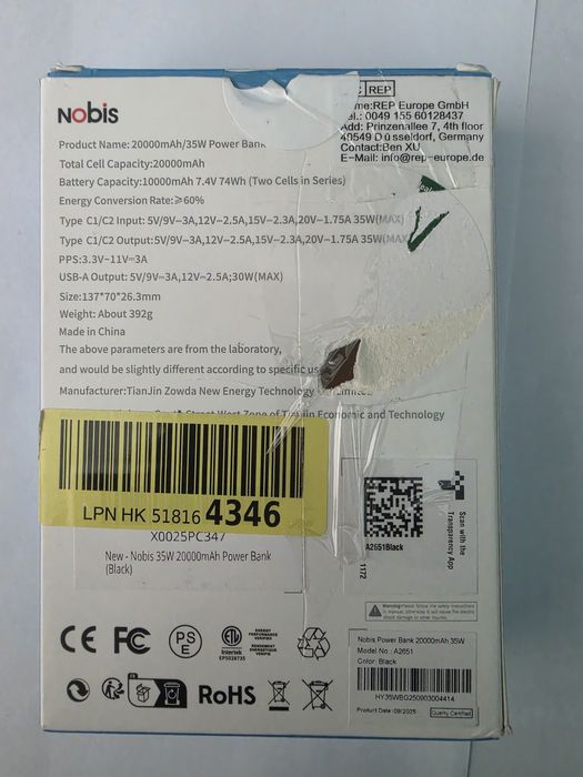 Baterie Externa Nobis 20000 mAh 35 W Fast Charge