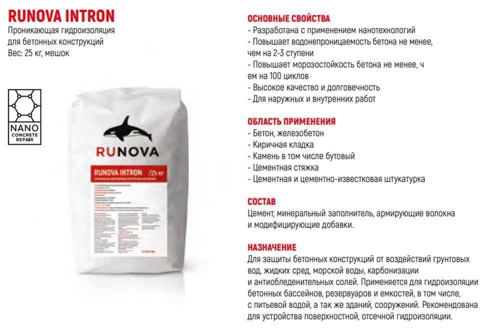 Проникающие гидроизоляционные материалы RUNOVA. Нанотехнология. Россия