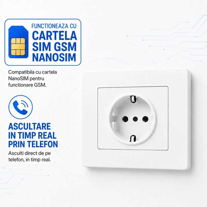 Microfon Spion Profesional cu cartela GSM, Integrat in Priza Clasica 220V de Perete cu Activare Vocala SMT SECURITY