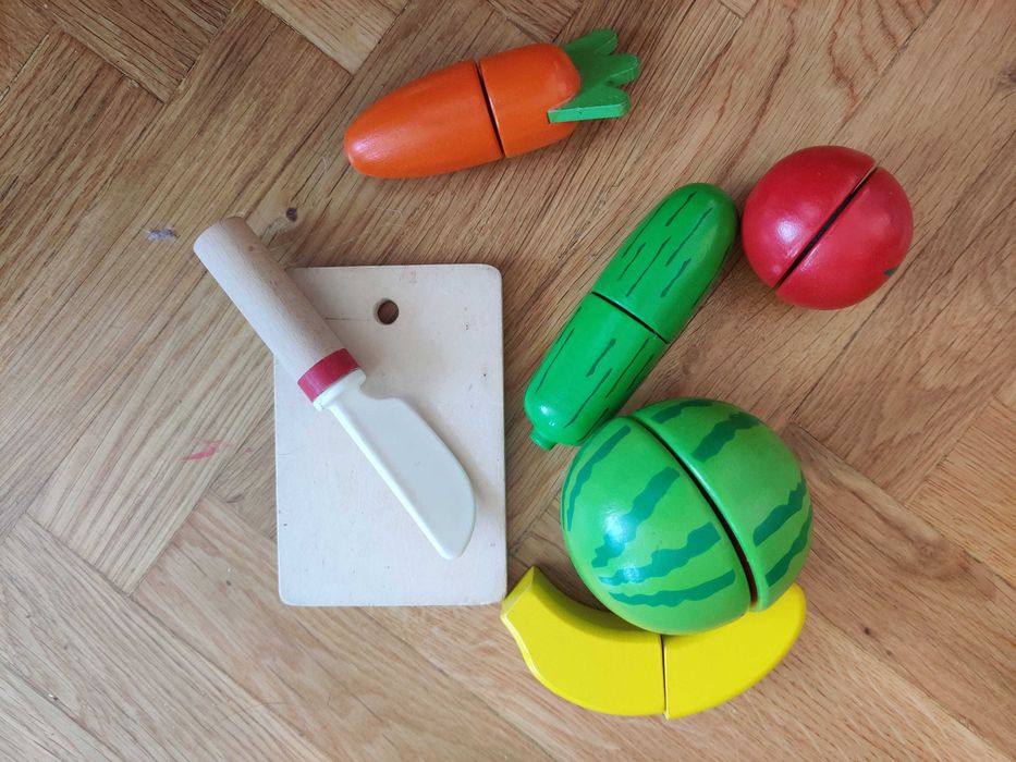 Дървена играчки за готвене: барбекю, пица торта, зеленчуци за рязане