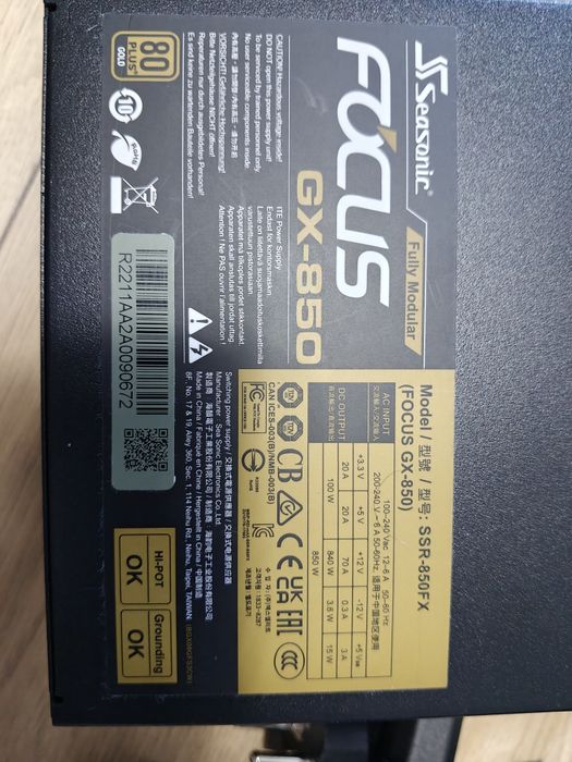 Sursa Seasonic 850W, FOCUS GX Series, 80 PLUS Gold, Full Modulara, ATX v2.4, Eficienta 90%, Ventilator 120mm FDB Bearing, PFC activ