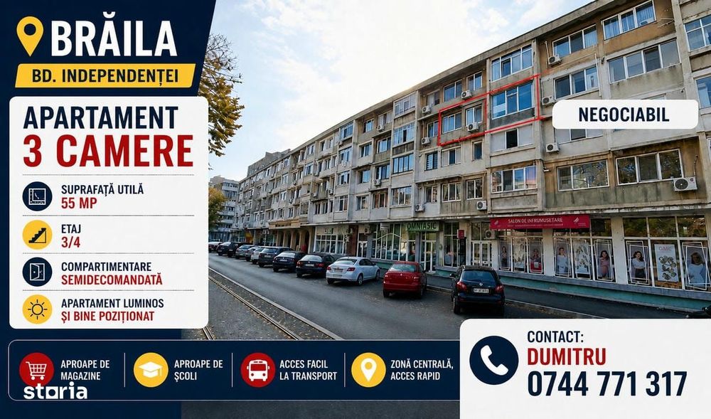 Bd. Independetei, Apartament cu 3 camere - 55 mp - etaj 3/4, Braila