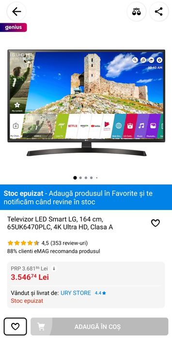 Televizor LED Smart LG, 164 cm, 65UK6470PLC, 4K Ultra HD, Clasa A