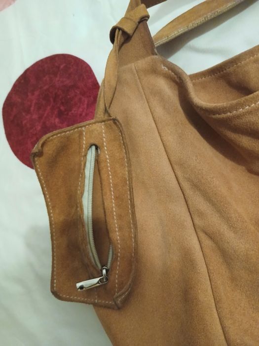 Geantă maxi din piele întoarsă naturală, culoare cognac/camel, foarte încăpătoare
