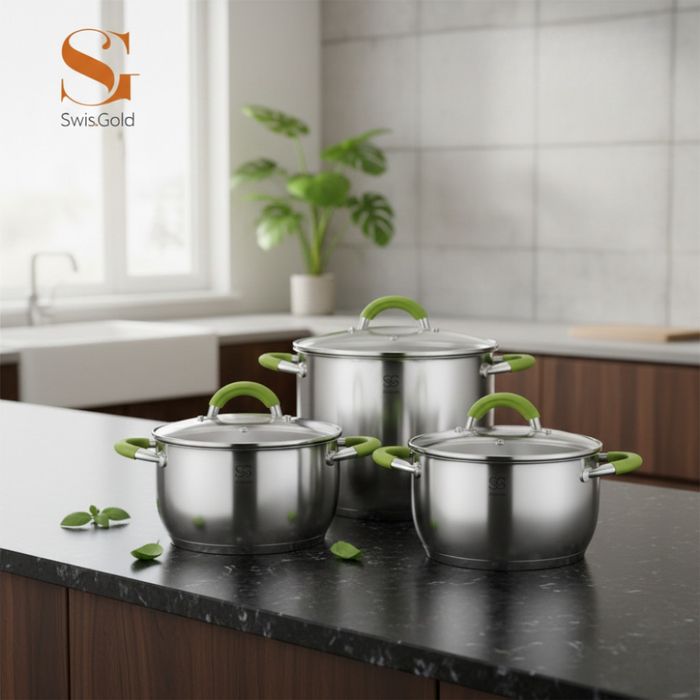 Комплект тенджери Swisgold – 3 броя, 5-слойно дъно - бързо и равномерн