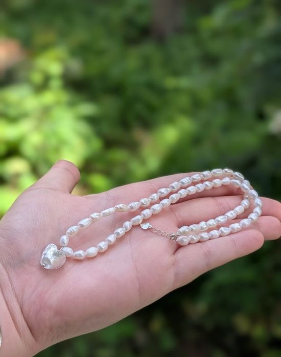 Vechi colier lant perle naturale de cultura baroc cu inchizatoare din argint de 925 si pandantiv inima