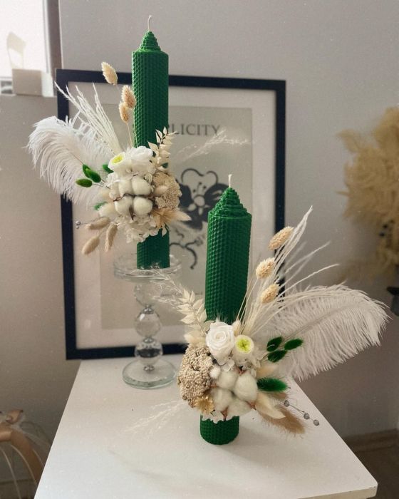 Lumânări de cununie din flori criogenate și plante uscate