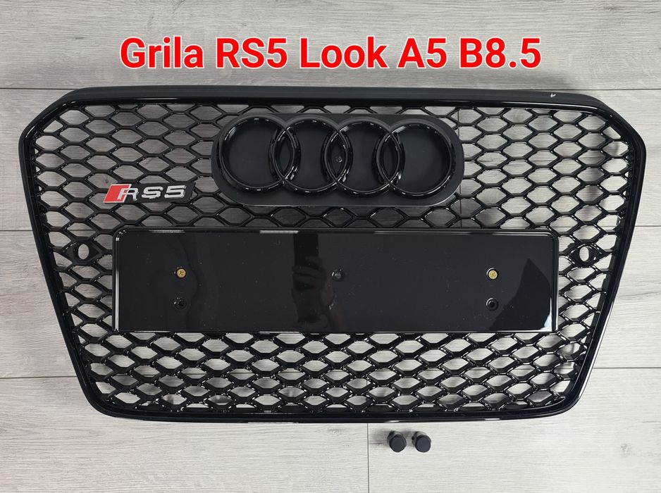 Oferta-Grila-Fagure-Neagra-Lucios-RS5-Look-Audi-A5-B8.5-2011-2012-2013-2014-2015-2016-Embleme-Incluse-Suport-Emblema-Frontala-Incorporat-Premium-Noua