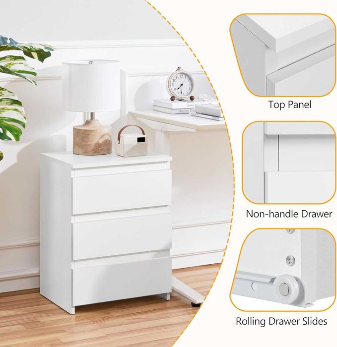 Noptiera moderna cu 3 sertare, masa laterala alba, MDF |S 592874 White