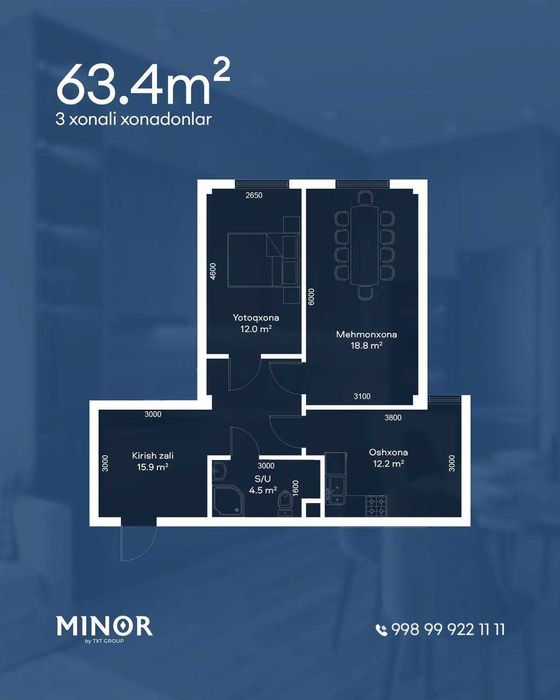 HAVAS Premium shinam 2-xonali xonadon Samarqand