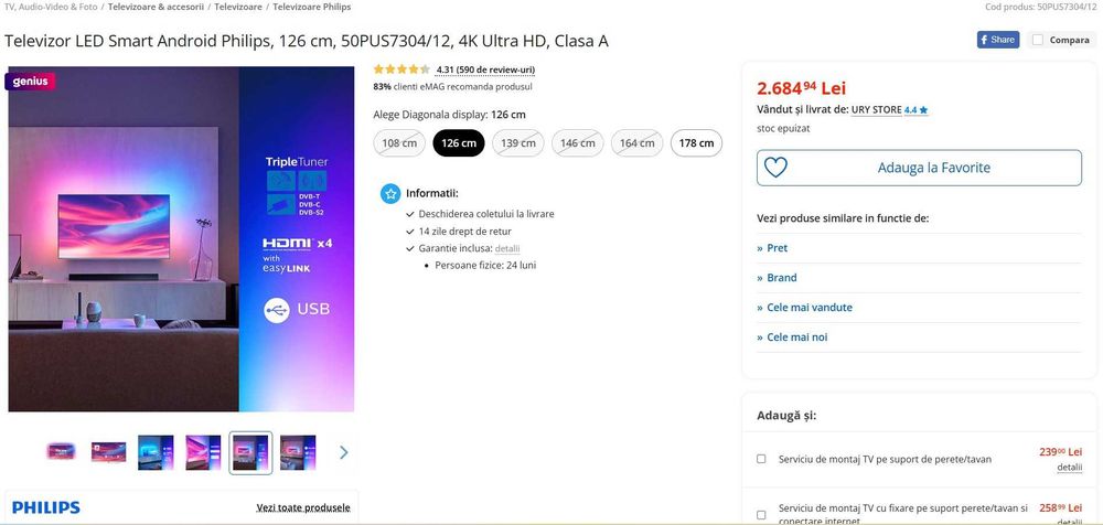 Televizor 4K LED Smart Android Philips, 126 cm, Ambilight