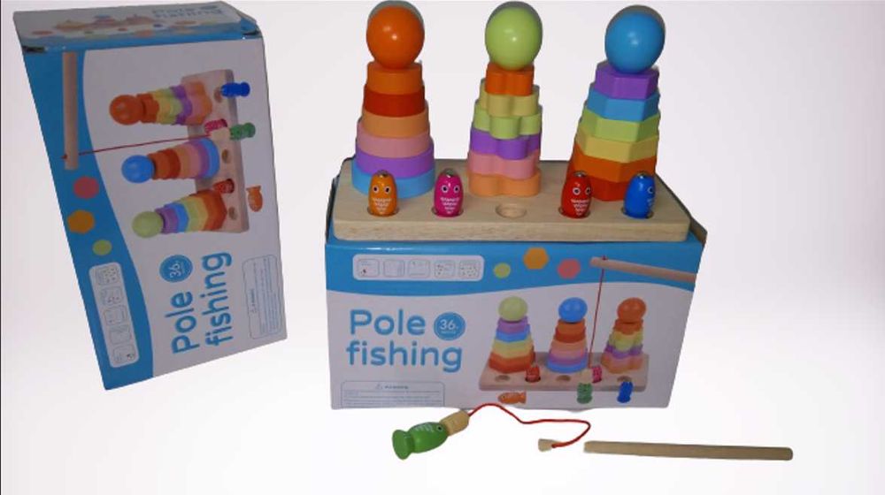 3 в 1 дървени рингове с различени елементи + магнитен риболов с въдица