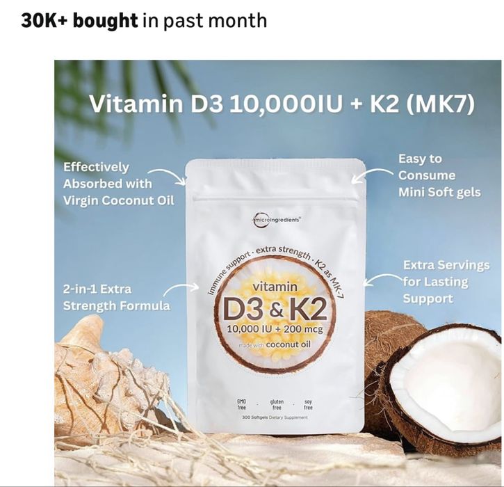 Vitamin d3 k2,10.000 iu + 200 mcg,kokos yogi bilan,d3,витамин д3-к2