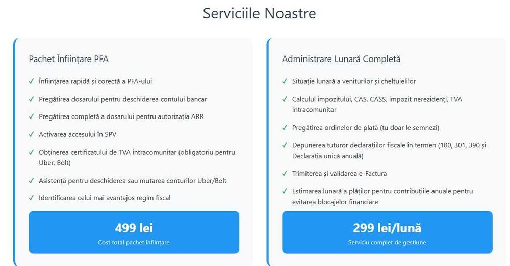 PFA Uber Bolt Infiintare Depunere declaratii E-factura 299 lei / luna