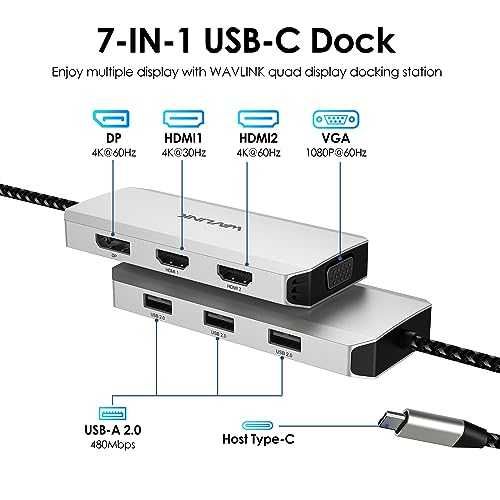 USB-C хъб WAVLINK 7 в 1 4K за 4 дисплея