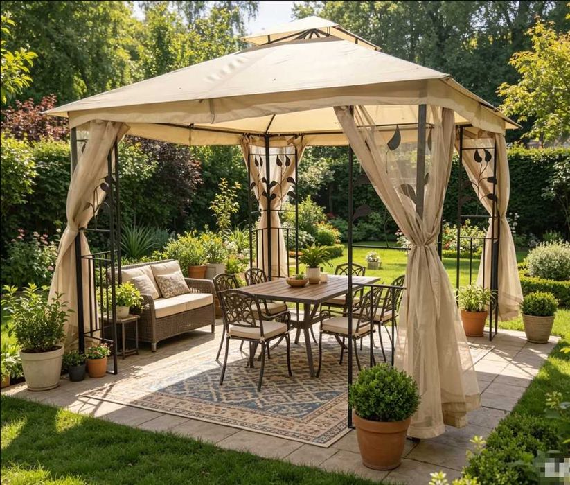 Foișor Grădină Cort 3×3 m din Oțel cu Pereți Laterali și Acoperiș Textil – Gazebo Exterior Bej | Model YS-1201