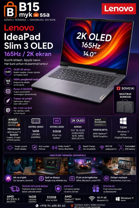 Lenovo IdeaPad Slim 3 OLED 165Hz / Ryzen 5 8640HS / 2K ekran