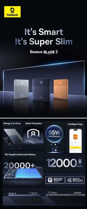 Baseus Blade2 Ultra-Thin 65W Power Bank 12000mAh For Macbook iPhone 16