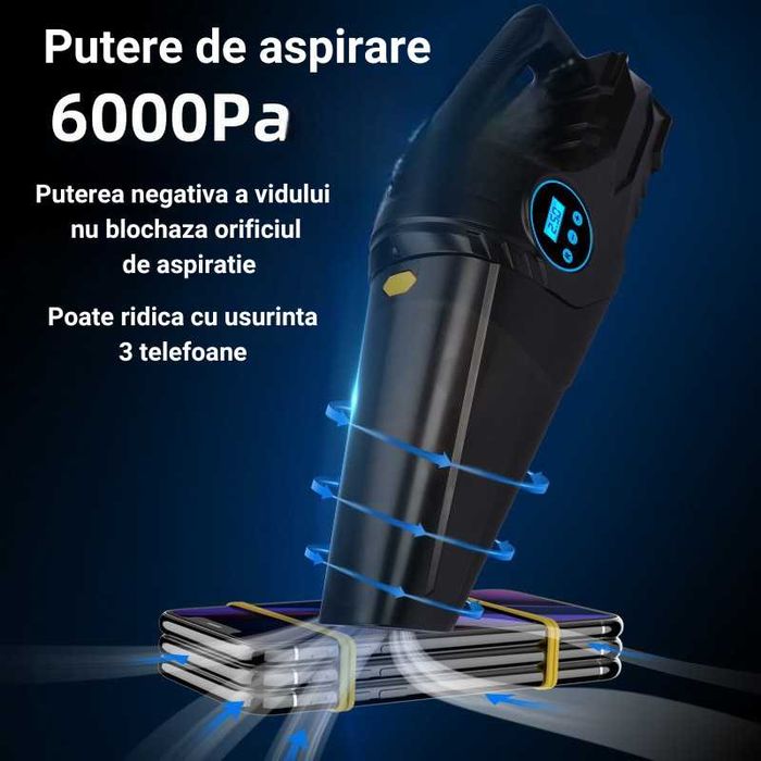 Aspirator Auto, 4 in 1, Compresor Anvelope,Manometru,Lanterna,110W,12V
