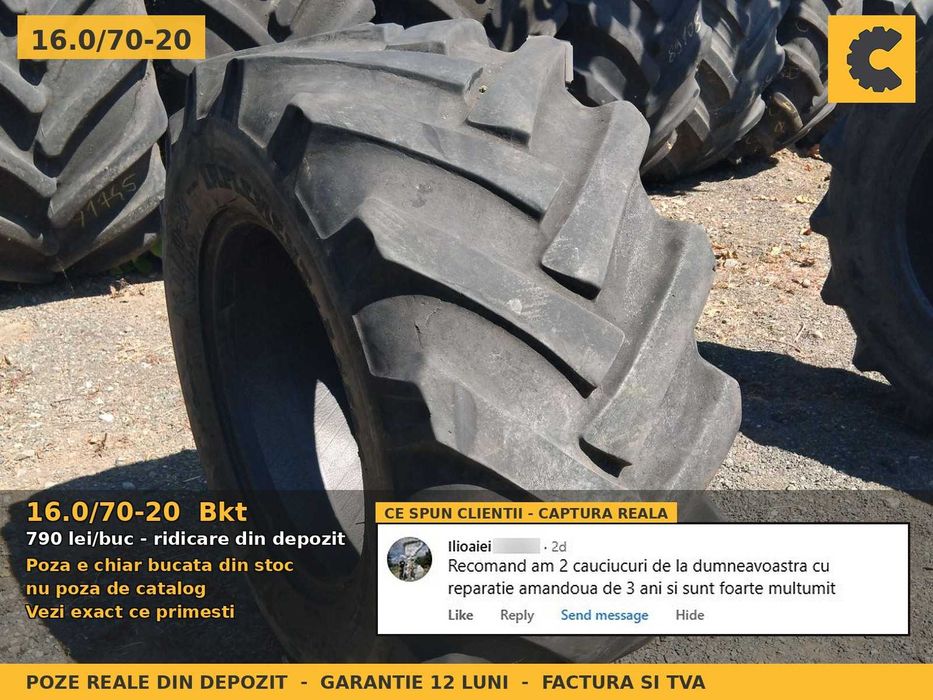 Cauciucuri Anvelope 16.0/70-20 16.0 70 20 1607020 16.0 70-20 405/70-20 Bkt Buldo Incarcator Utilaje Diagonal SH Second Hand LIVRARE Garantie 1 An