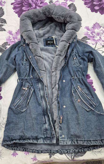 Дънкова парка сив пух свалящ се размер Л,  леко умалено, става и за М