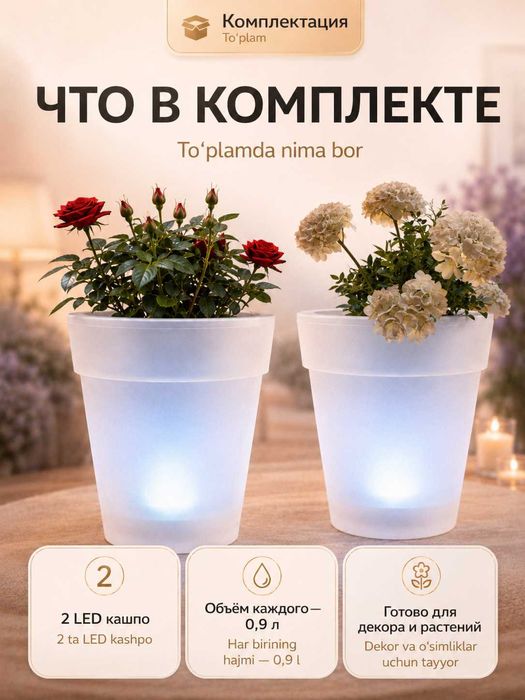 Кашпо горшок для цветов с LED-подсветкой, авто-включение 0,9л, 2шт