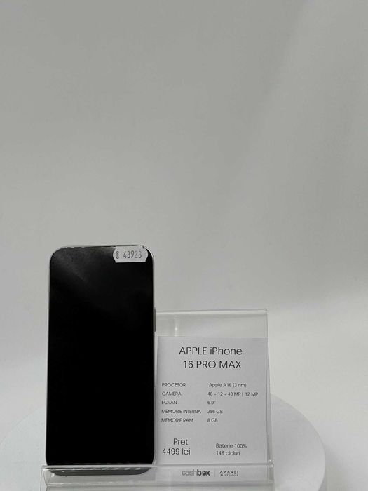 iPhone 16 Pro Max 256 GB 100% bat 148 cicluri Garantie 24 luni CashBox