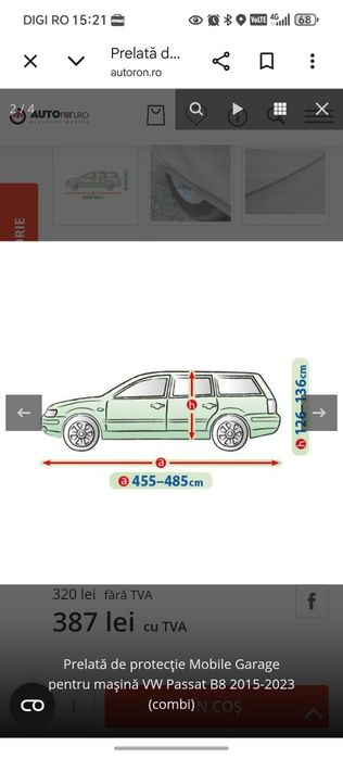 Vând prelata auto mobile garage pentru vw Passat b8 break
