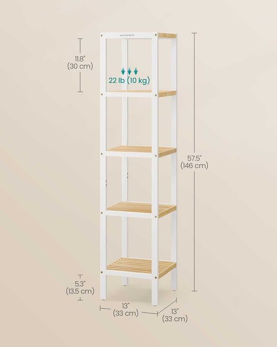 Etajera ingusta din bambus, Songmics, 5 rafturi, alb/lemn