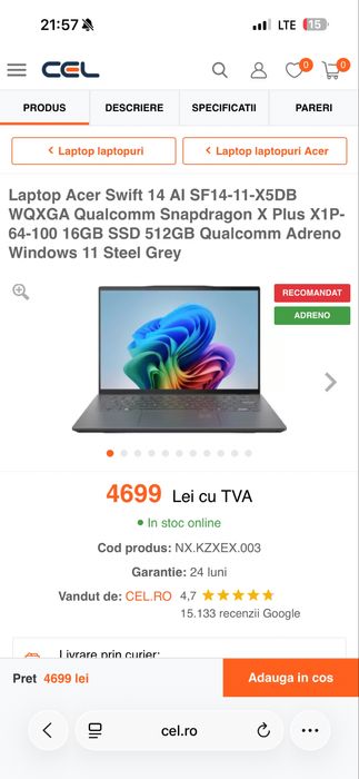 Laptop Acer Swift 14 AI SF14 / Snapdragon X Plus / 16DDR5 / 512 SSD