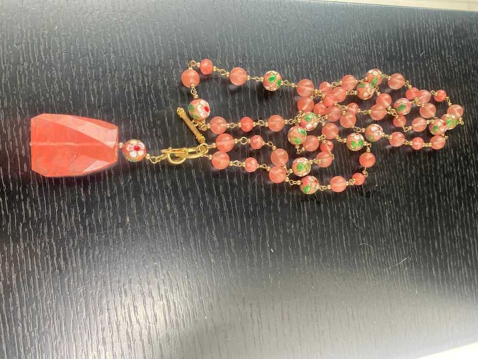 margele cuart roz somon cu bile cloisonné lungime totala 65 cm x 2