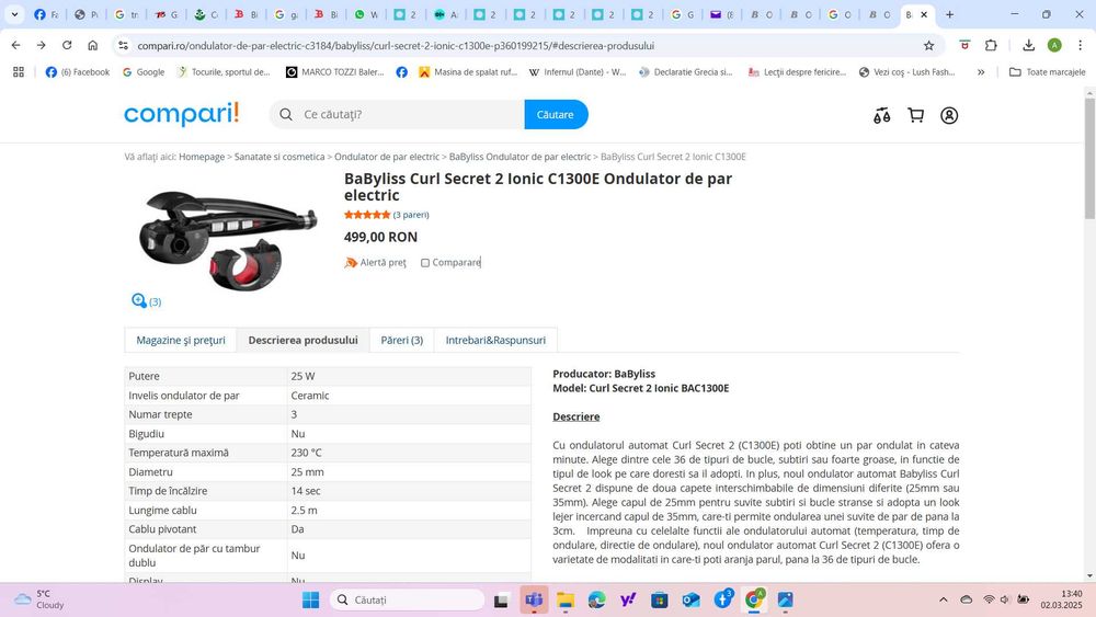 Vand BaByliss Curl Secret 2 Ionic C1300E Ondulator de par
