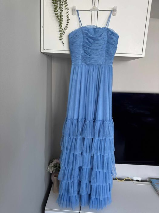 Официална дълга рокля тюлена с тюл синя lace&beads