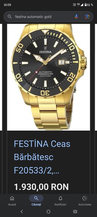 Vând ceas bărbătesc Festina automatic auriu nou nouț