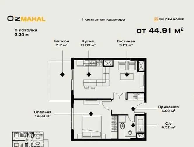 Продажа Новостройка  ЖК O’z Mahal  2 квартиры| 44м2 |