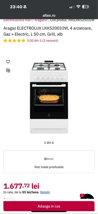 Aragaz MIXT Electrolux LKK520032W/4 Arzatoare/Cup electric/50CM/ClasaA