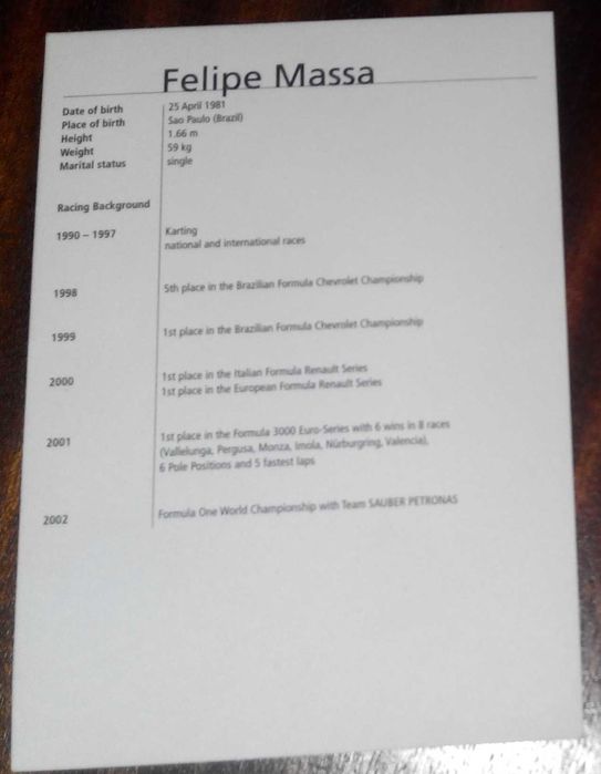 Картичка с автограф Фелипе Маса, Заубер - 60lv