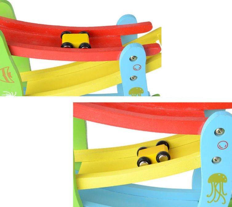 НАМАЛЕНИЕ! Цветна дървена писта на четири нива + четири колички НОВО!