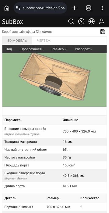 Расчетный короб сабвуфер учун