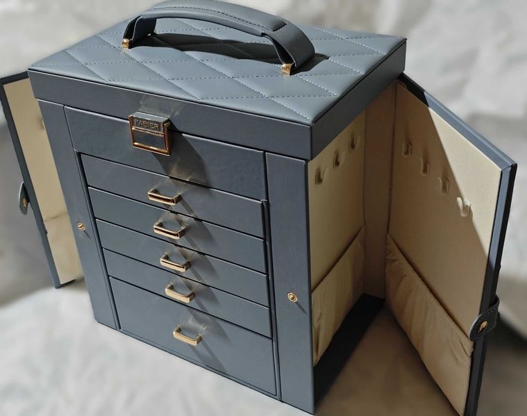 кутия за бижута 6-етажна от естествено дърво, кожа с огледало – XXL