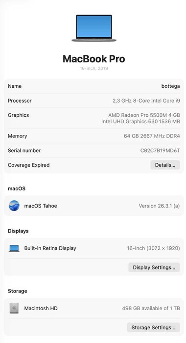 Macbook Pro 16 инча, модел 2019
