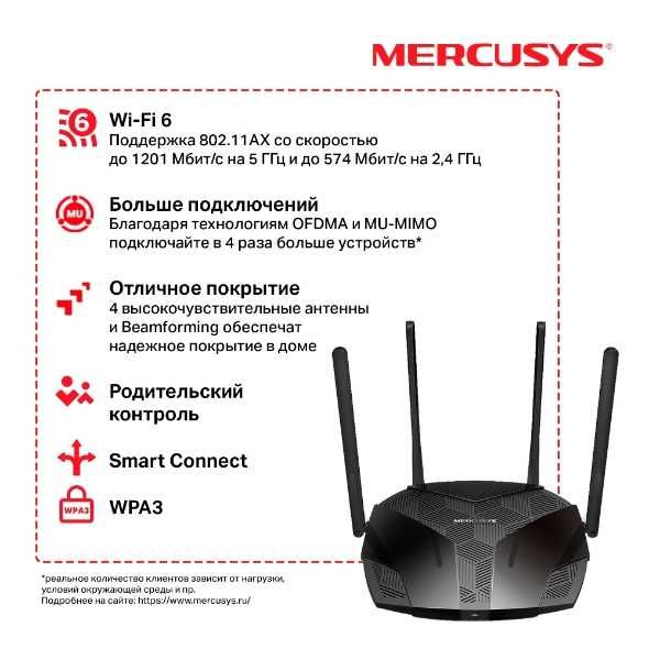 WI-FI 6 роутер Mercusys MR70X
Двухдиапазонный гигабитный роутер