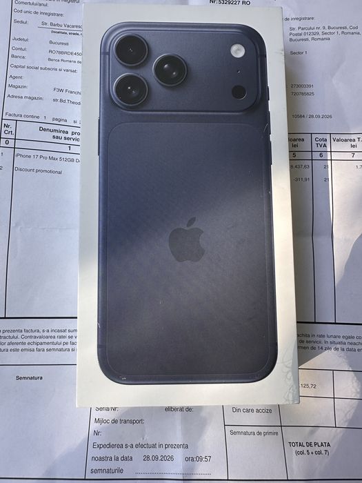 iPhone 17 Pro Max 512GB Deep Blue Sigilat Factura Garantie Necodat Nou