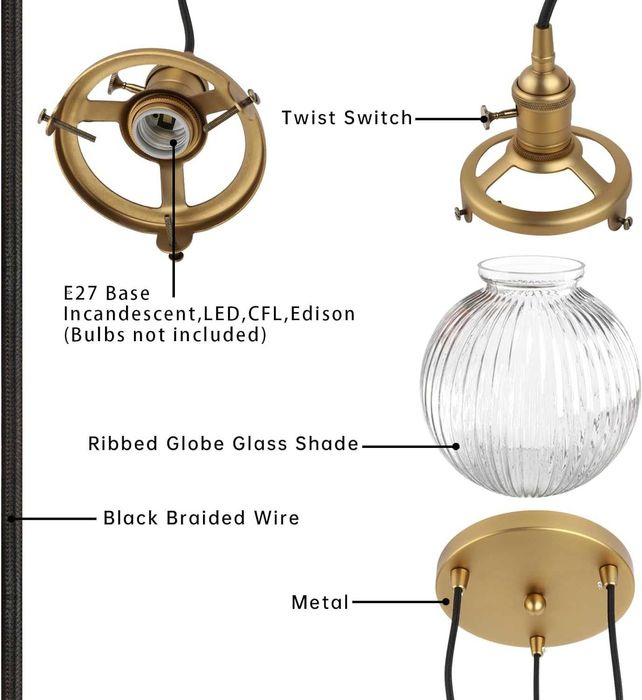 JIMUBEAM Индустриална 3-посочна таванна лампа, абажур-оребрено стъкло