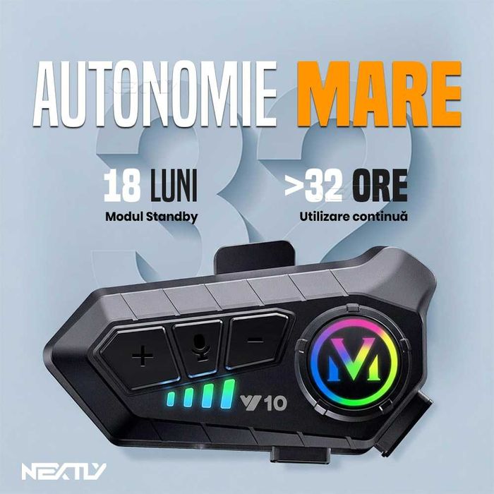 Sistem de comunicare moto Intercom, Bluetooth V5.3, voce/microfon HD, asistent vocal, redare muzica/apeluri, IPX6 Waterproof, reducere zgomot