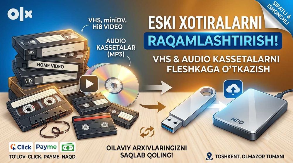 VHS + audio kasseta raqamlashtirish | CD DVD fleshkaga yozish
