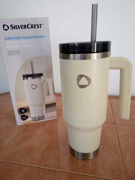 Pahar termoizolant din oțel inoxidabil Silvercrest 1.2L cu mâner și pai